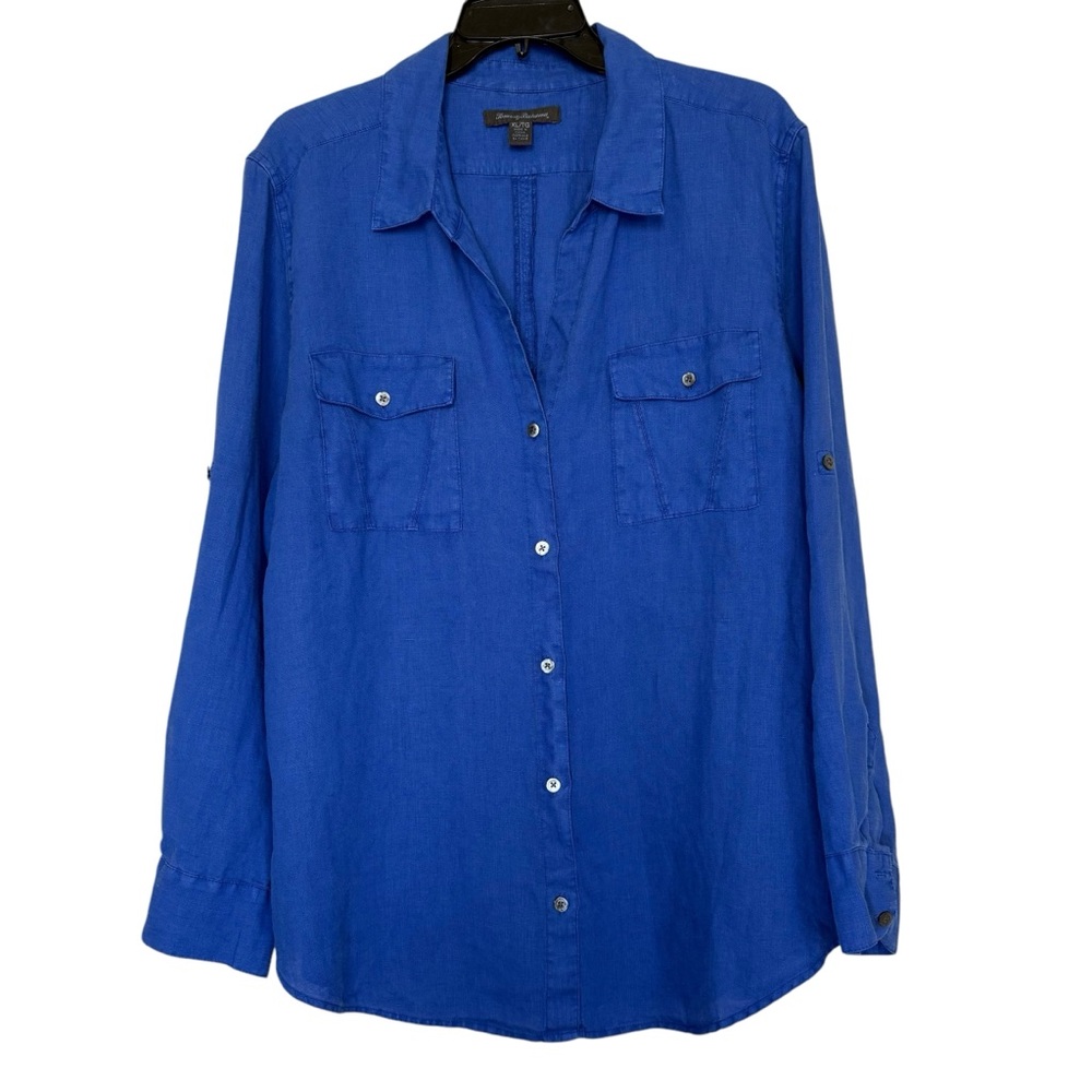 Tommy Bahama Women’s Sz XL Blue Linen Button Down Shirt Roll Tab Sleeve